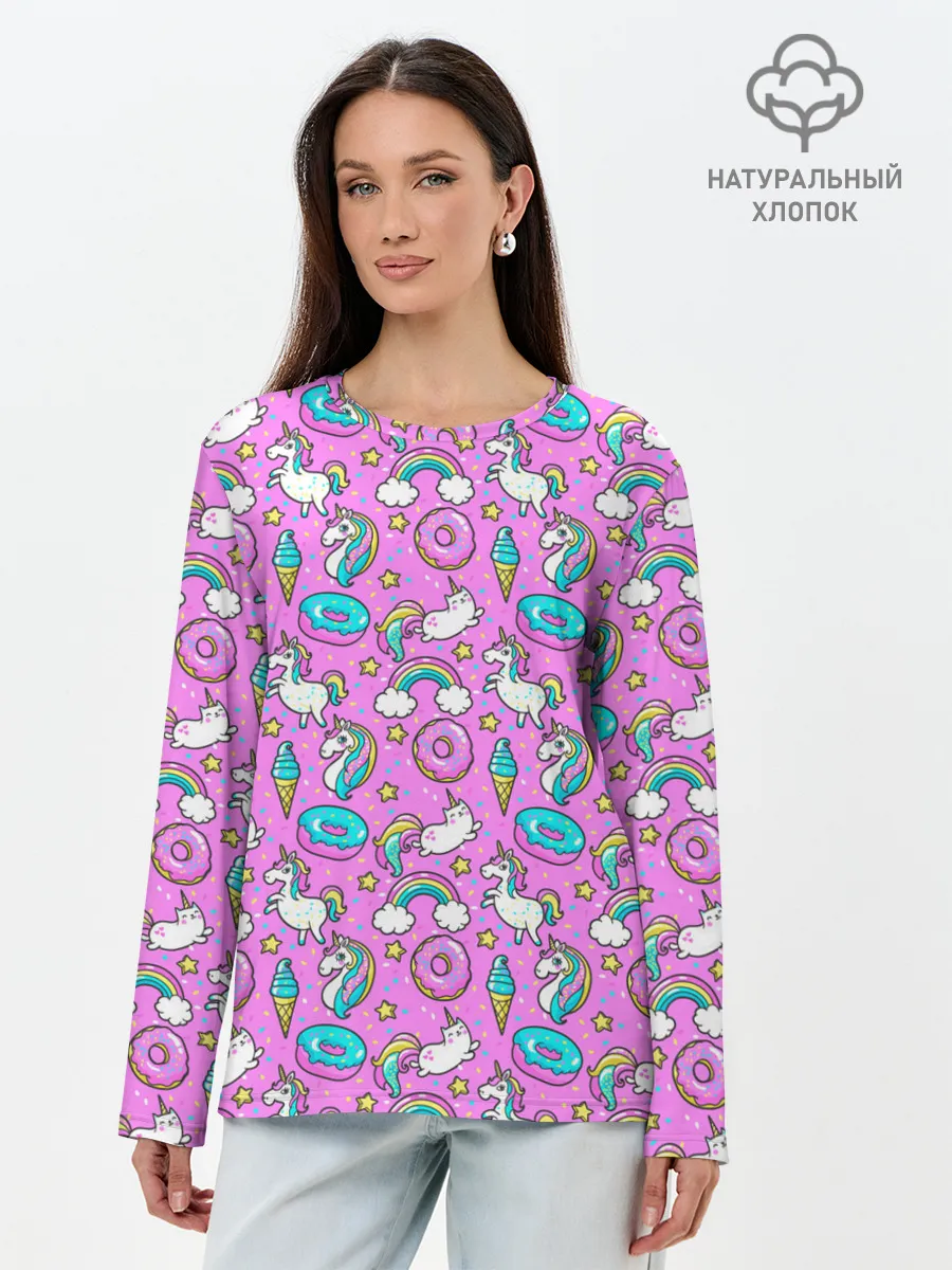 Лонгслив женский. Хлопок / Единороги и пончики