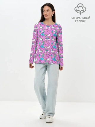 Лонгслив женский. Хлопок / Единороги и пончики