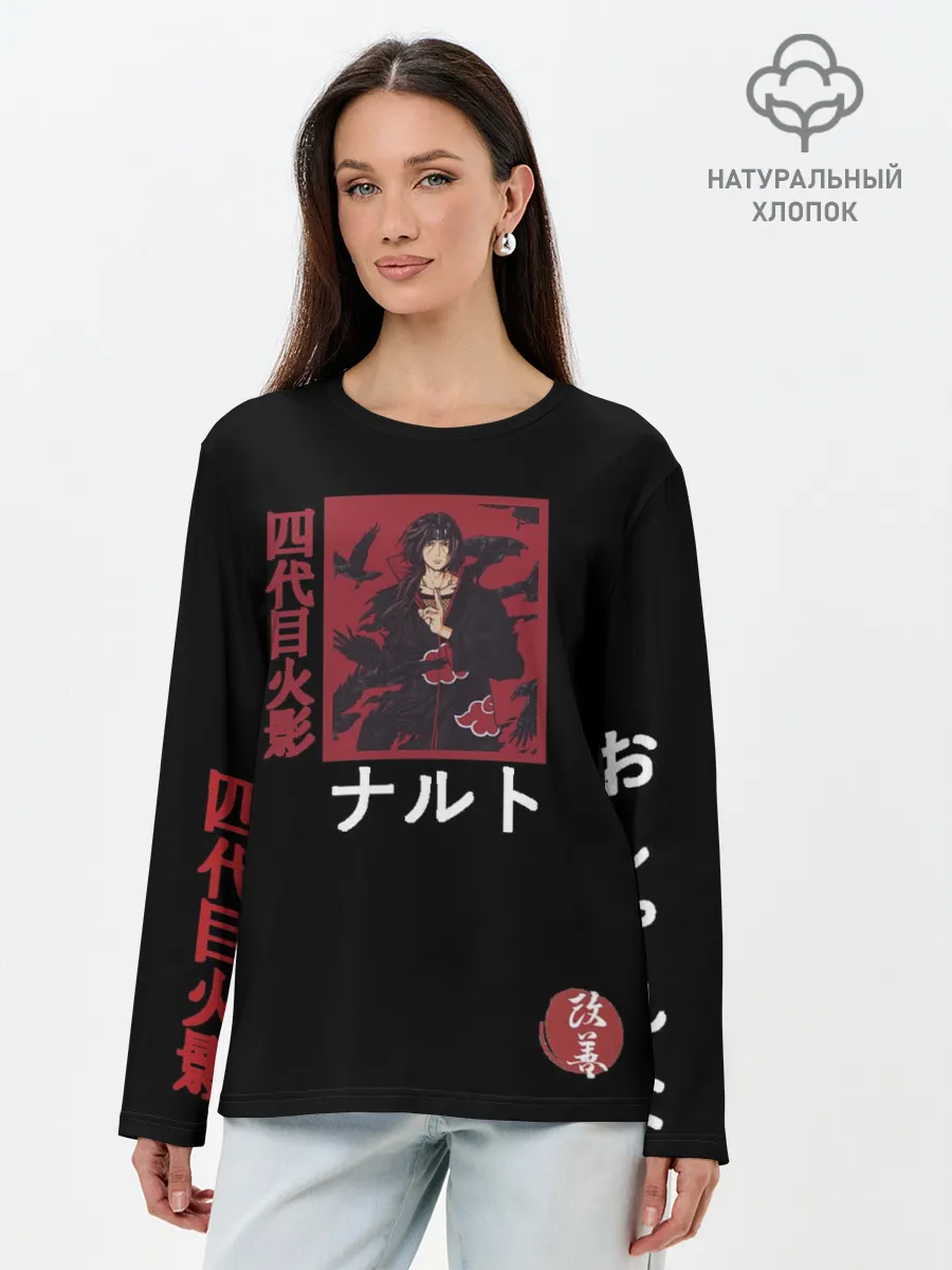 Лонгслив женский. Хлопок / Хитачи иероглицы черные