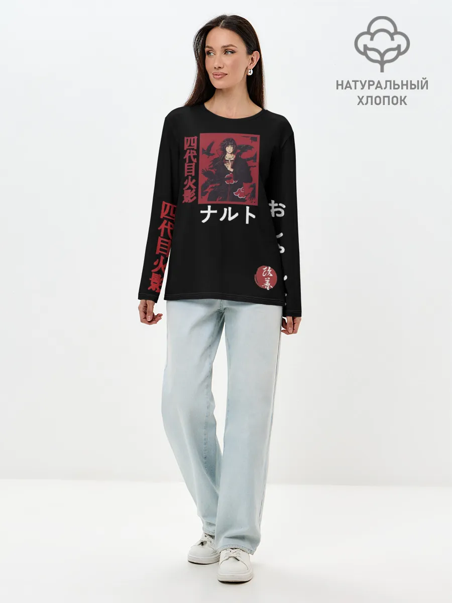 Лонгслив женский. Хлопок / Хитачи иероглицы черные