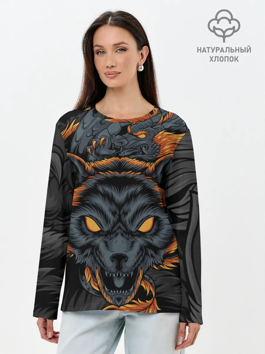 Лонгслив женский. Хлопок / Волк и дракон
