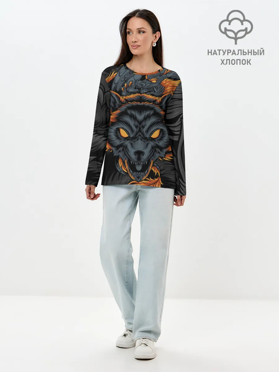 Лонгслив женский. Хлопок / Волк и дракон