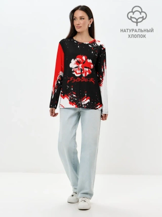 Лонгслив женский. Хлопок / Черный Клевер с ярким красным куском