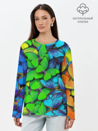 Лонгслив женский. Хлопок / Радужные бабочки