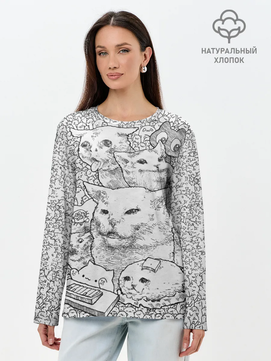 Лонгслив женский. Хлопок / Коты мемы кошки