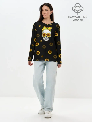 Лонгслив женский. Хлопок / Череп и подсолнухи