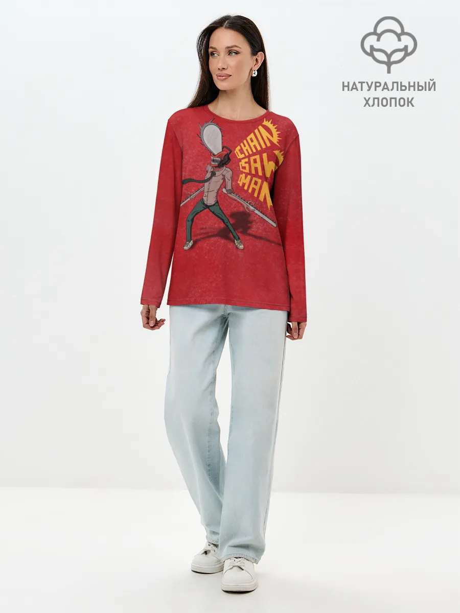Лонгслив женский. Хлопок / Человек Бензопила на красном фоне