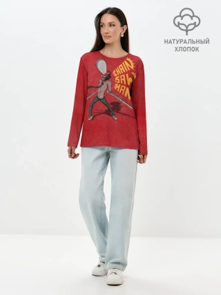 Лонгслив женский. Хлопок / Человек Бензопила на красном фоне