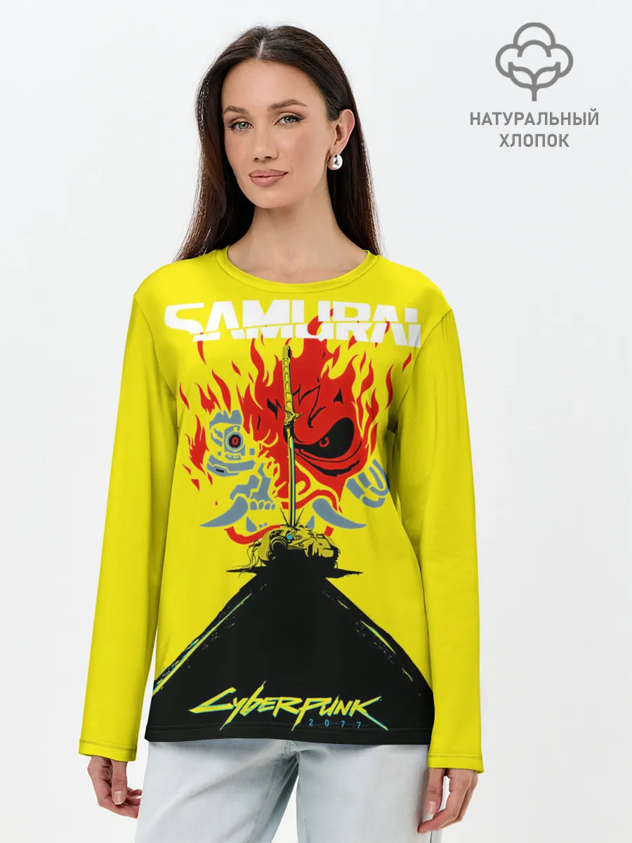 Лонгслив женский. Хлопок / Киберпанк 2077 + Киану на спине