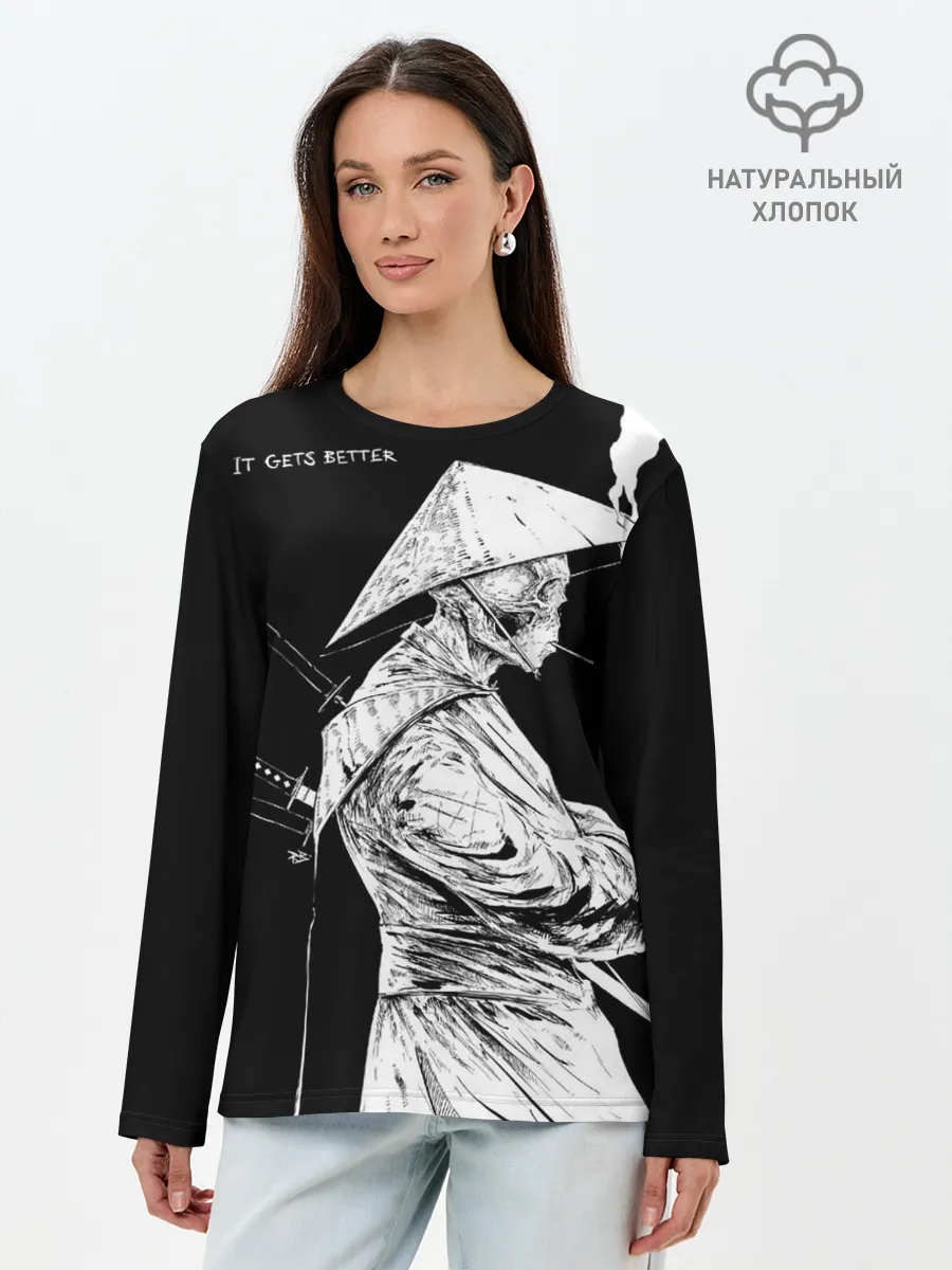 Лонгслив женский. Хлопок / Самурай скелет с трубкой