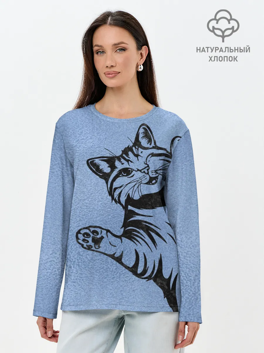 Лонгслив женский. Хлопок / Улыбающийся кот