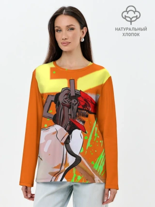 Лонгслив женский. Хлопок / Человек-Бензопила на голубом фоне