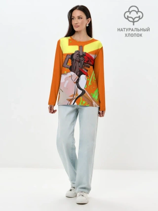 Лонгслив женский. Хлопок / Человек-Бензопила на голубом фоне