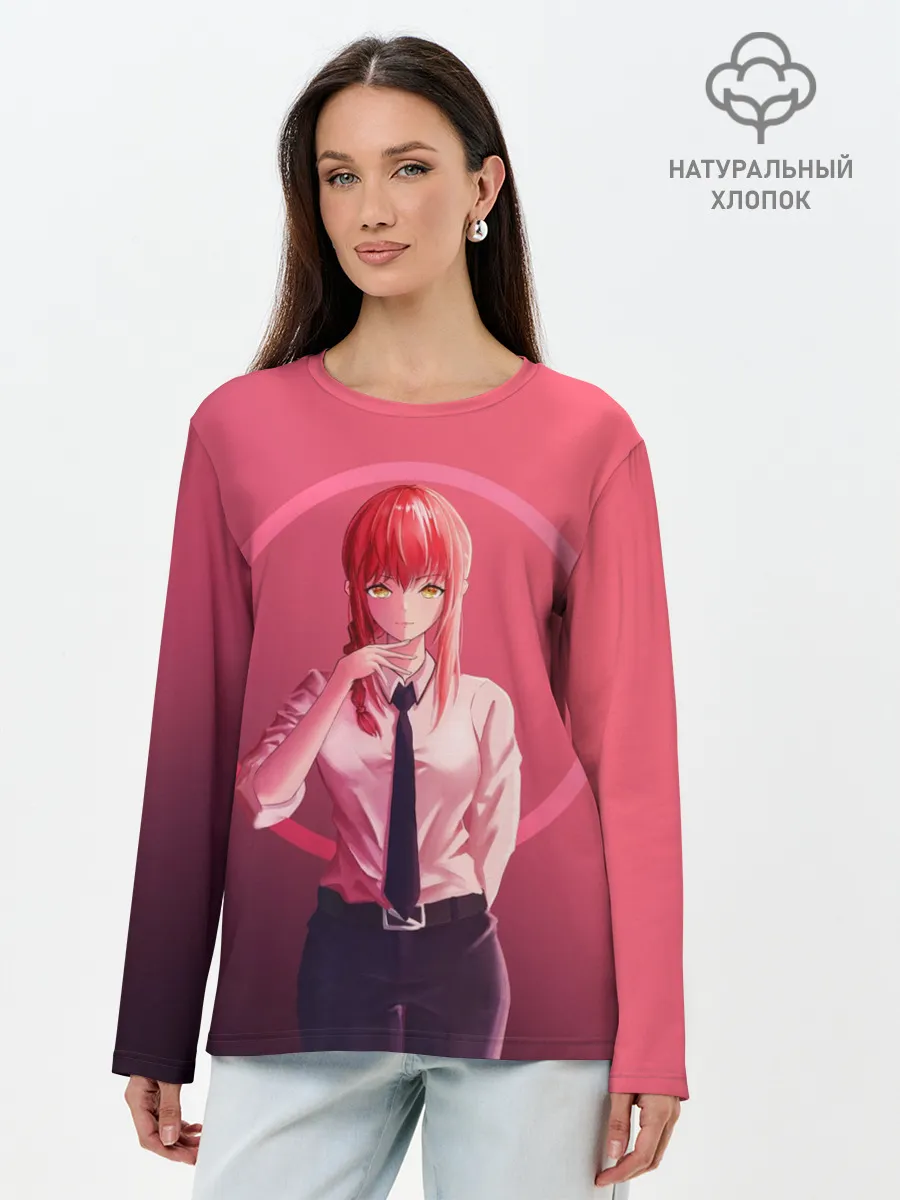 Лонгслив женский. Хлопок / Макима на красном фоне