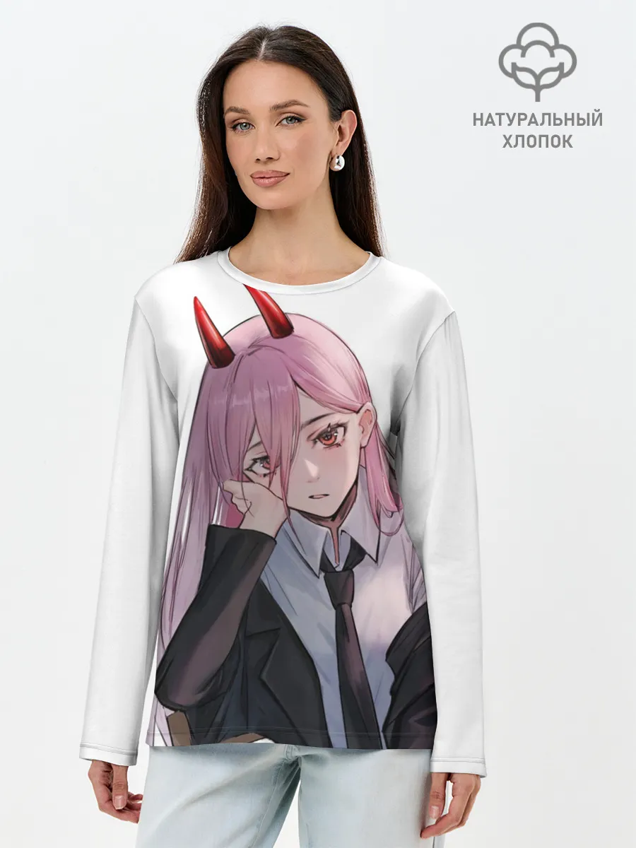 Лонгслив женский. Хлопок / Пауэр скучает на белом фоне