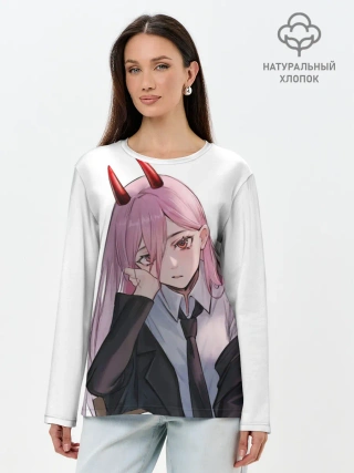 Лонгслив женский. Хлопок / Пауэр скучает на белом фоне