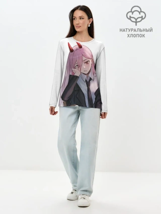 Лонгслив женский. Хлопок / Пауэр скучает на белом фоне