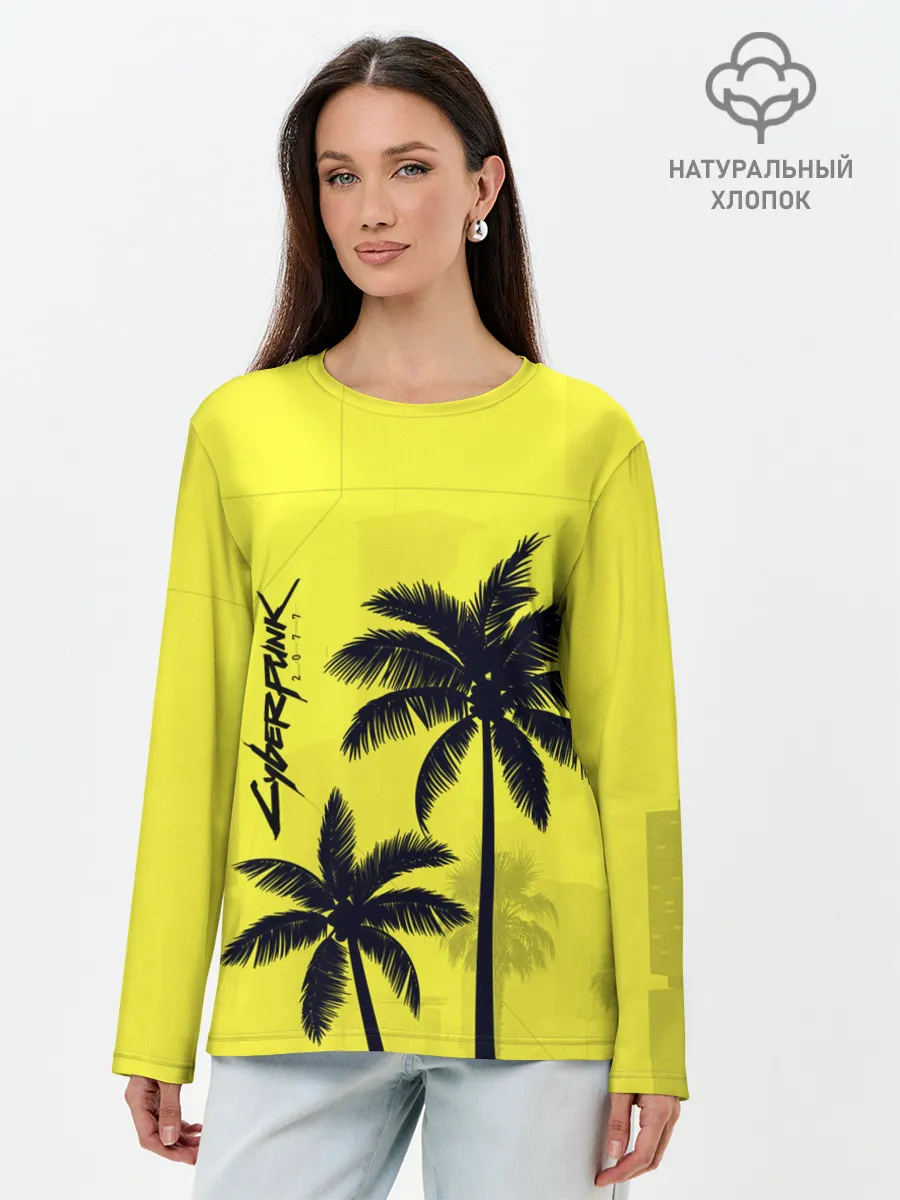 Лонгслив женский. Хлопок / Cyberpunk 2077 - Пальмы