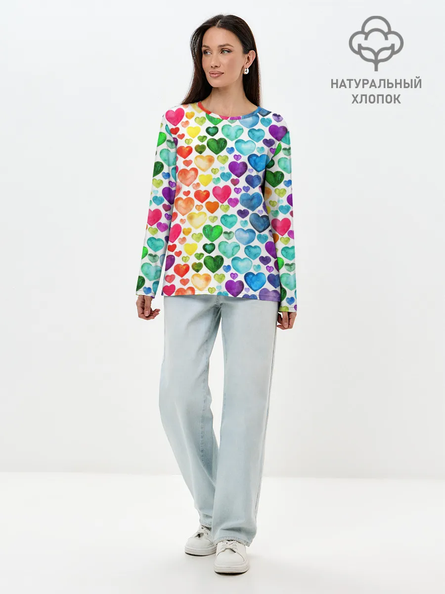 Лонгслив женский. Хлопок / Радужные сердечки