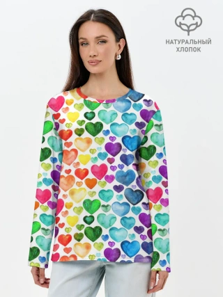 Лонгслив женский. Хлопок / Радужные сердечки