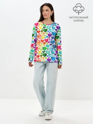 Лонгслив женский. Хлопок / Радужные сердечки