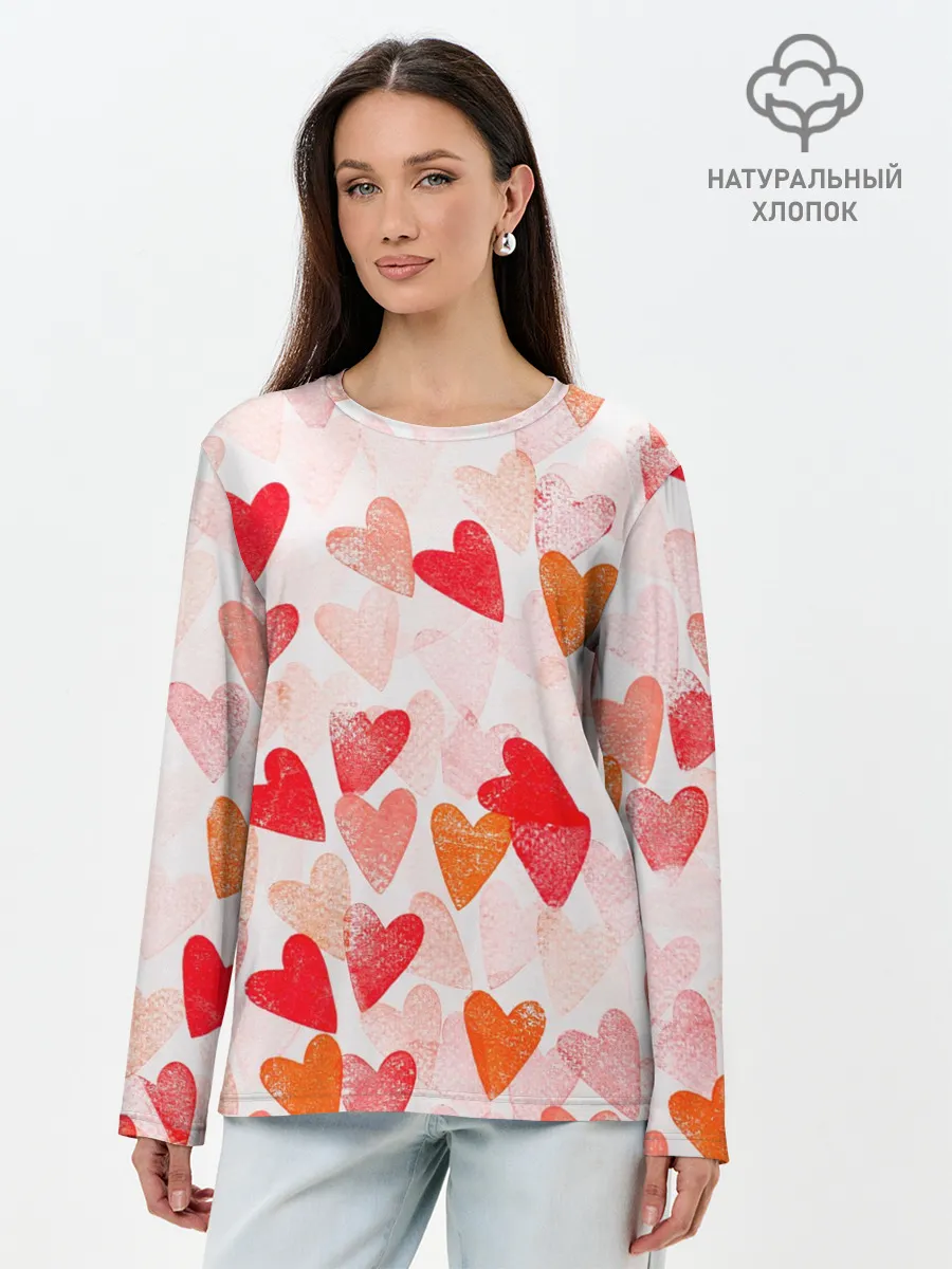 Лонгслив женский. Хлопок / Ванильные сердечки