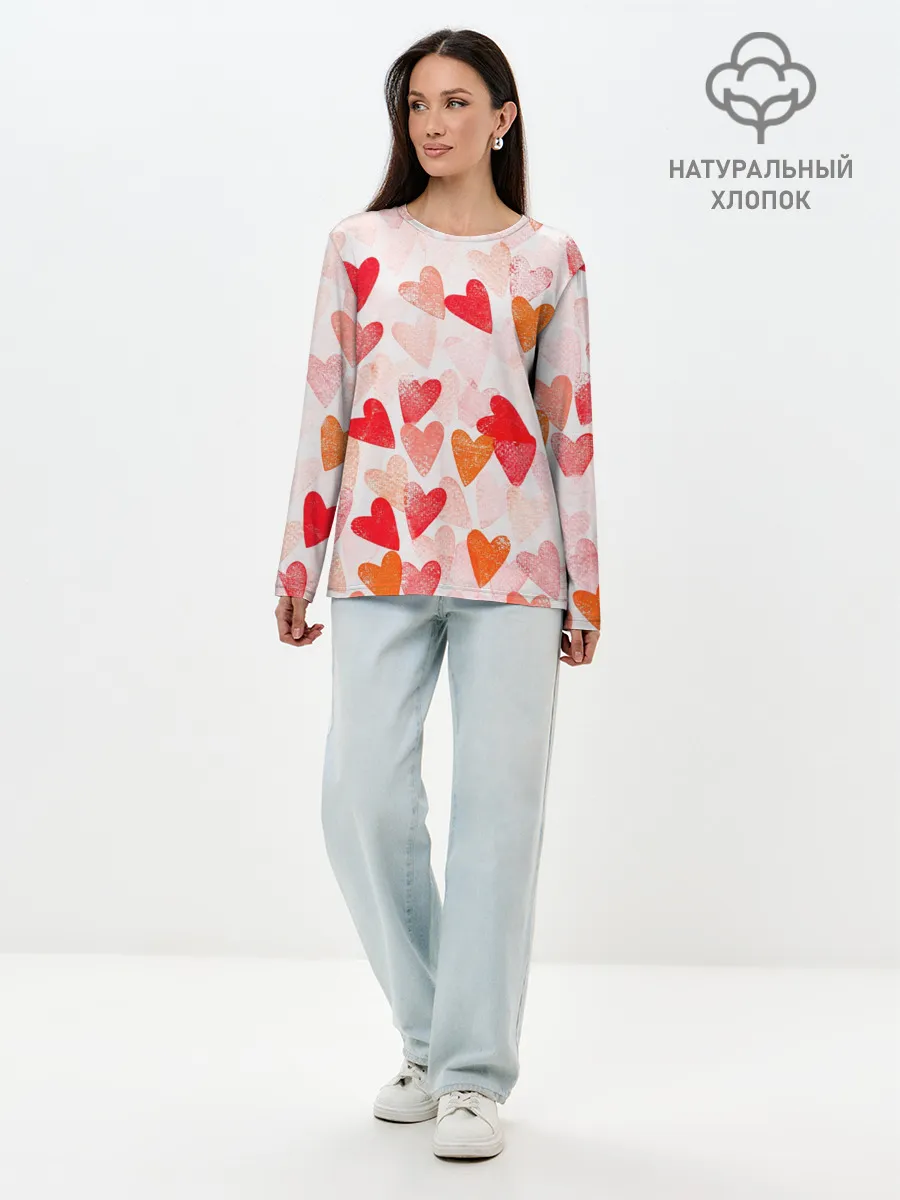 Лонгслив женский. Хлопок / Ванильные сердечки