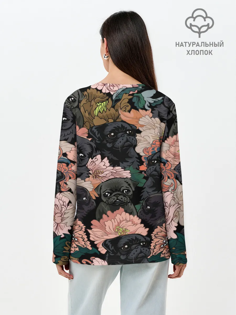 Лонгслив женский. Хлопок / Мопсы и Цветы