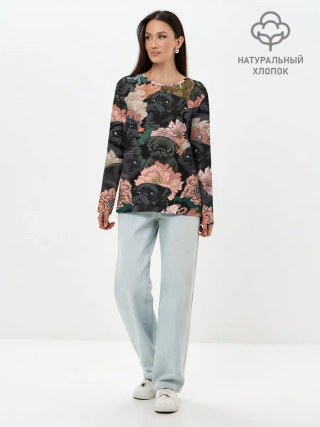 Лонгслив женский. Хлопок / Мопсы и Цветы