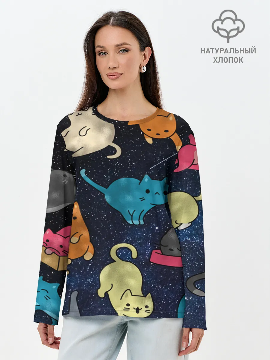 Лонгслив женский. Хлопок / Космические котики