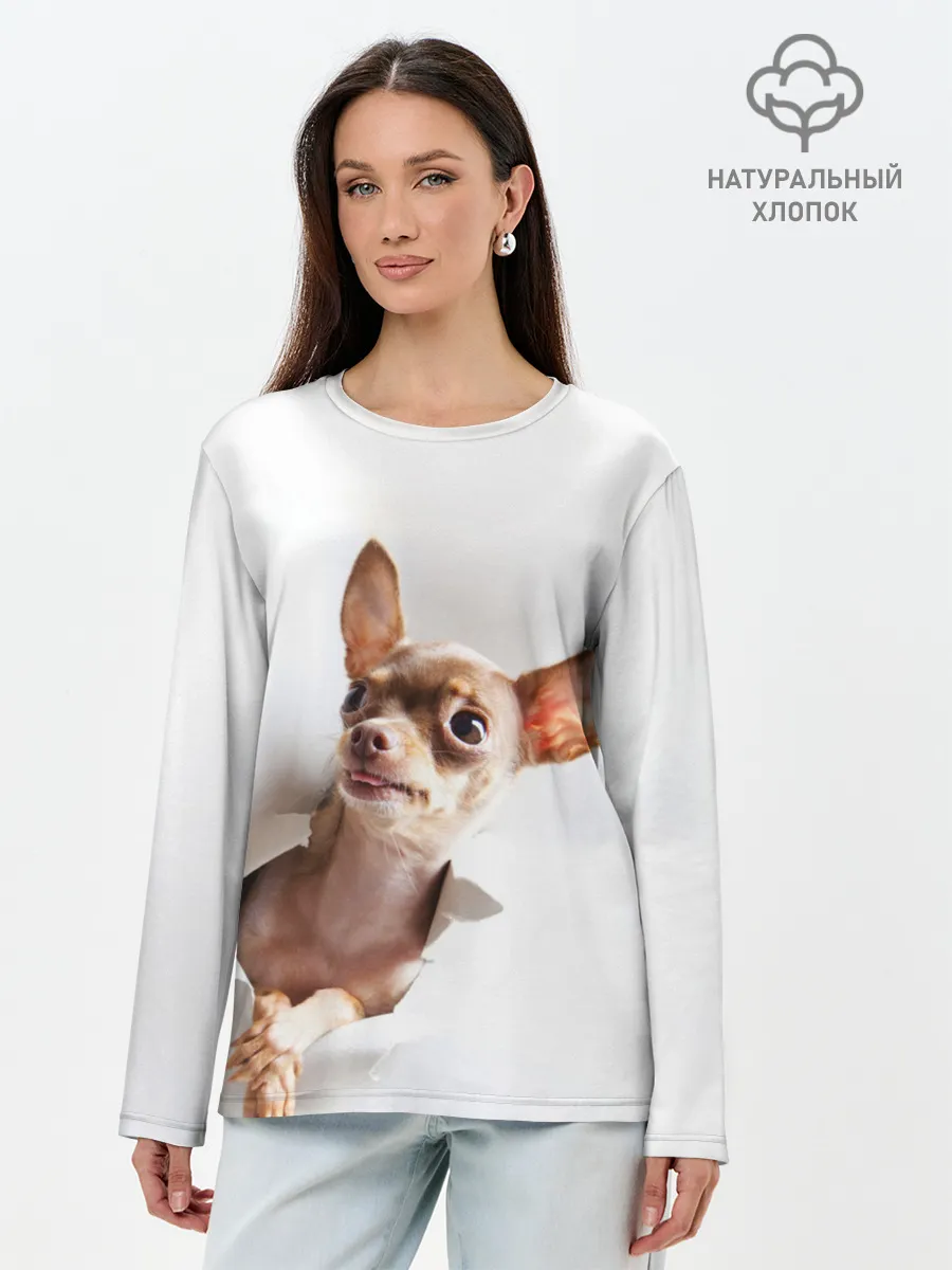 Лонгслив женский. Хлопок / Чихуахуа из бумаги вылазит