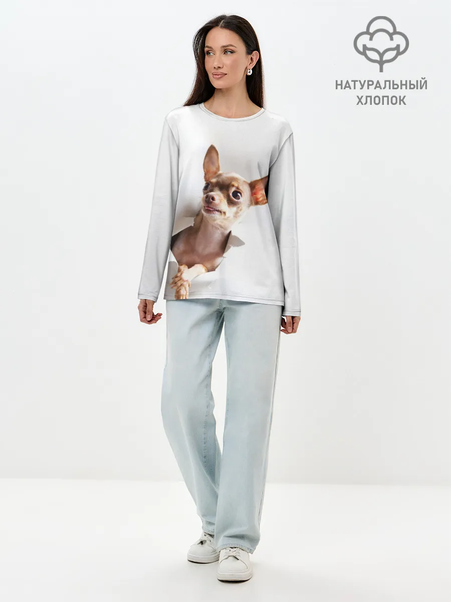 Лонгслив женский. Хлопок / Чихуахуа из бумаги вылазит