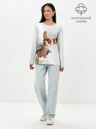 Лонгслив женский. Хлопок / Чихуахуа из бумаги вылазит