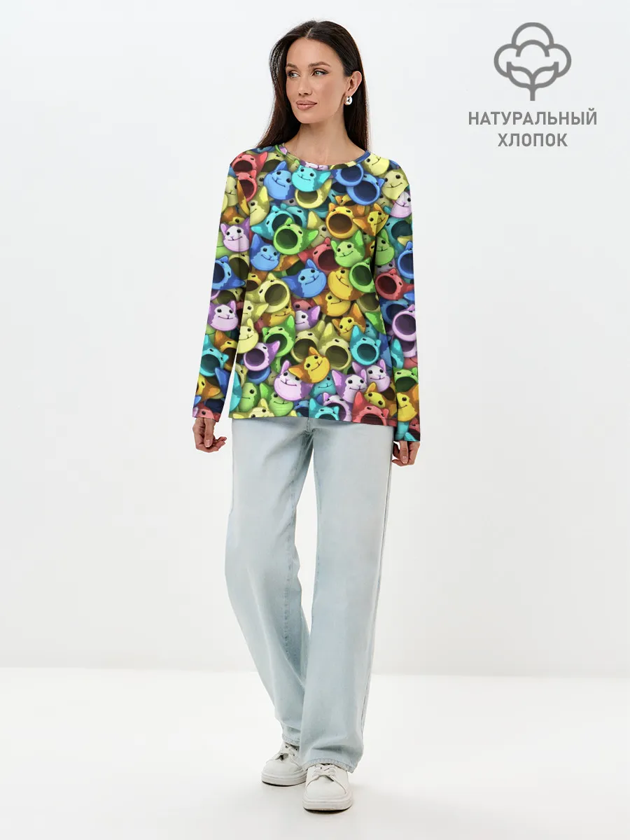 Лонгслив женский. Хлопок / Цветные Поп Котики