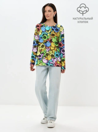 Лонгслив женский. Хлопок / Цветные Поп Котики