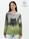 Лонгслив женский. Хлопок / черный кот на лугу
