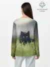 Лонгслив женский. Хлопок / черный кот на лугу