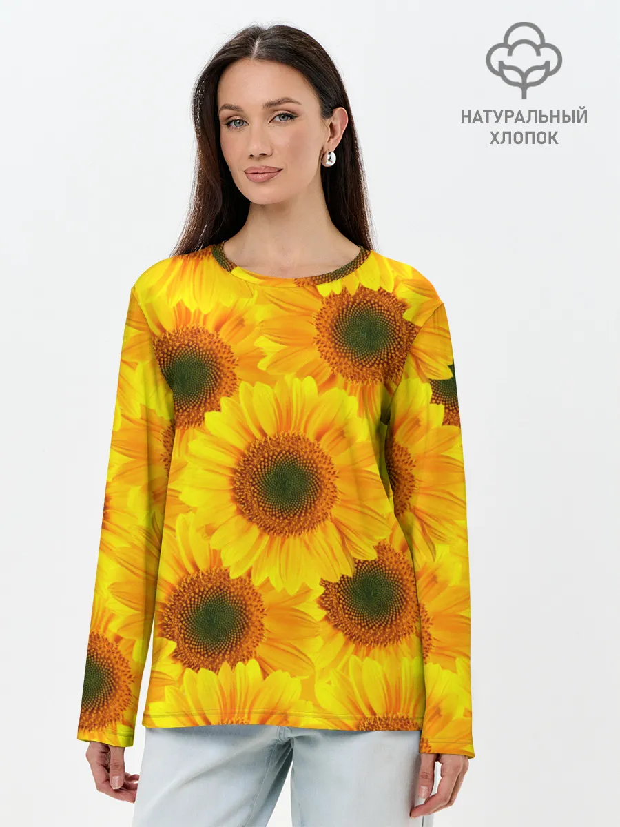 Лонгслив женский. Хлопок / Принт подсолнухи желтый