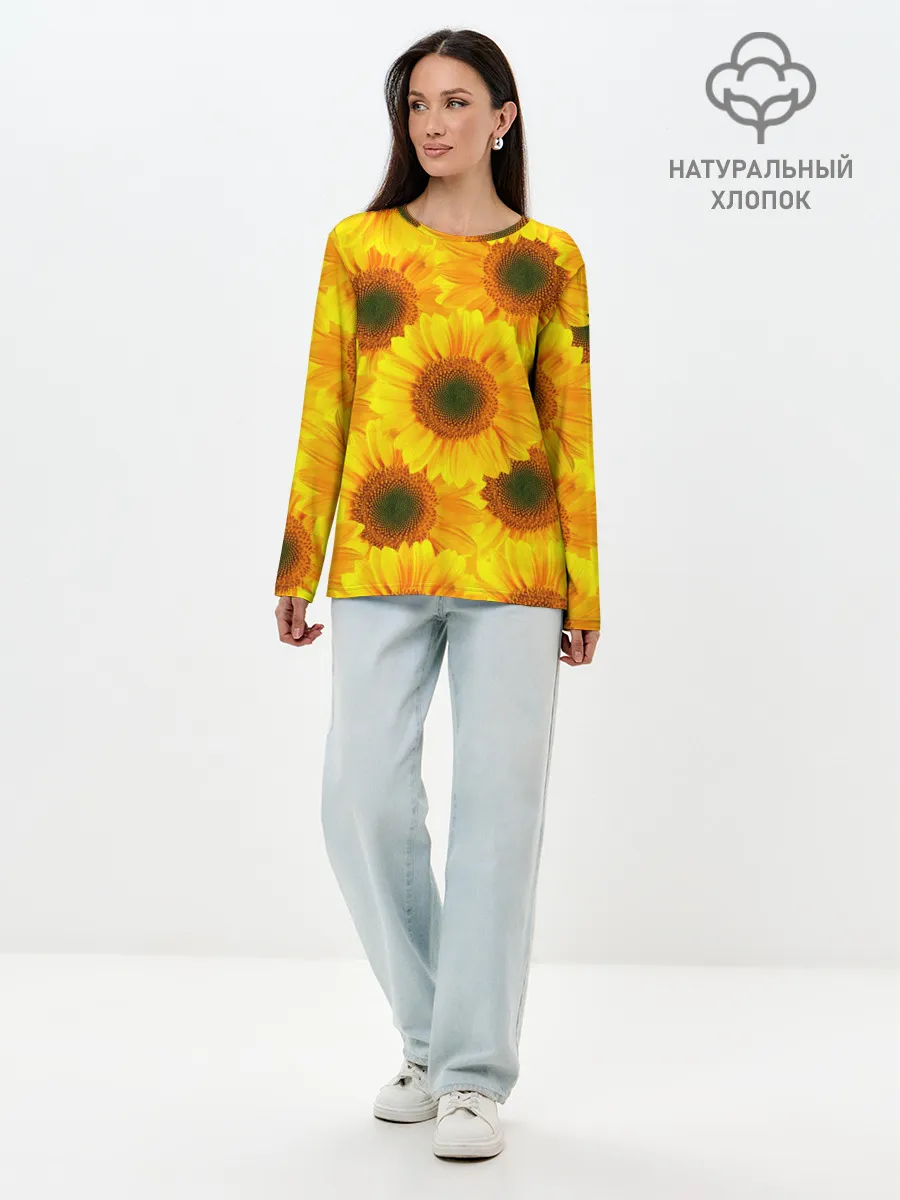 Лонгслив женский. Хлопок / Принт подсолнухи желтый