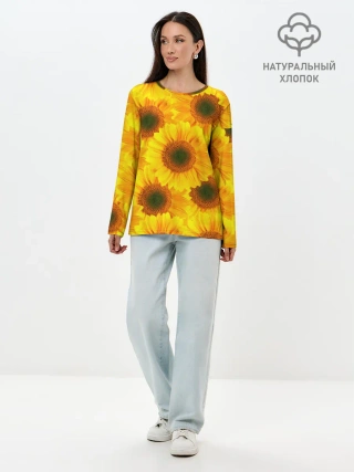 Лонгслив женский. Хлопок / Принт подсолнухи желтый