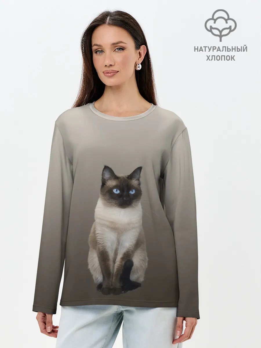 Лонгслив женский. Хлопок / Сиамский кот голубые глаза