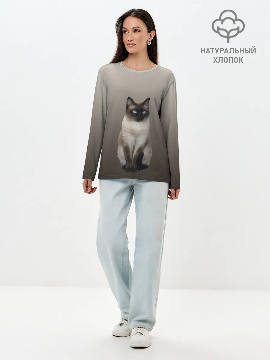 Лонгслив женский. Хлопок / Сиамский кот голубые глаза