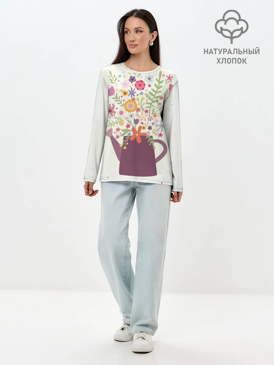 Лонгслив женский. Хлопок / Цветы в чайнике