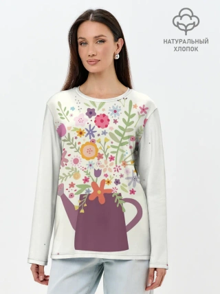 Лонгслив женский. Хлопок / Цветы в чайнике