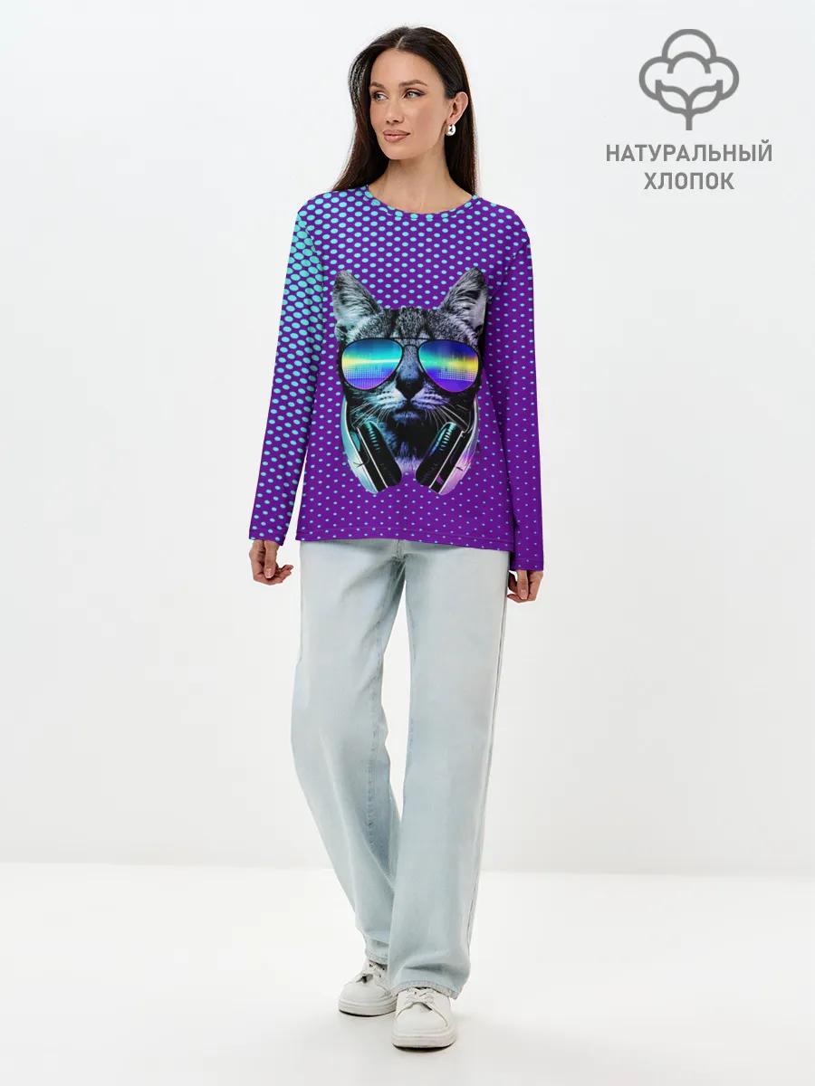 Лонгслив женский. Хлопок / Кот очки наушники модный