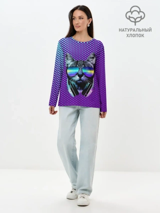 Лонгслив женский. Хлопок / Кот очки наушники модный