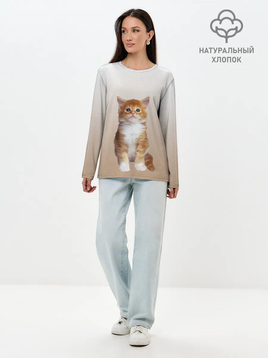 Лонгслив женский. Хлопок / бело-рыжий котенок реализм