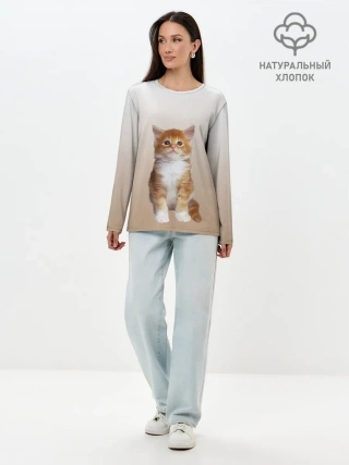 Лонгслив женский. Хлопок / бело-рыжий котенок реализм