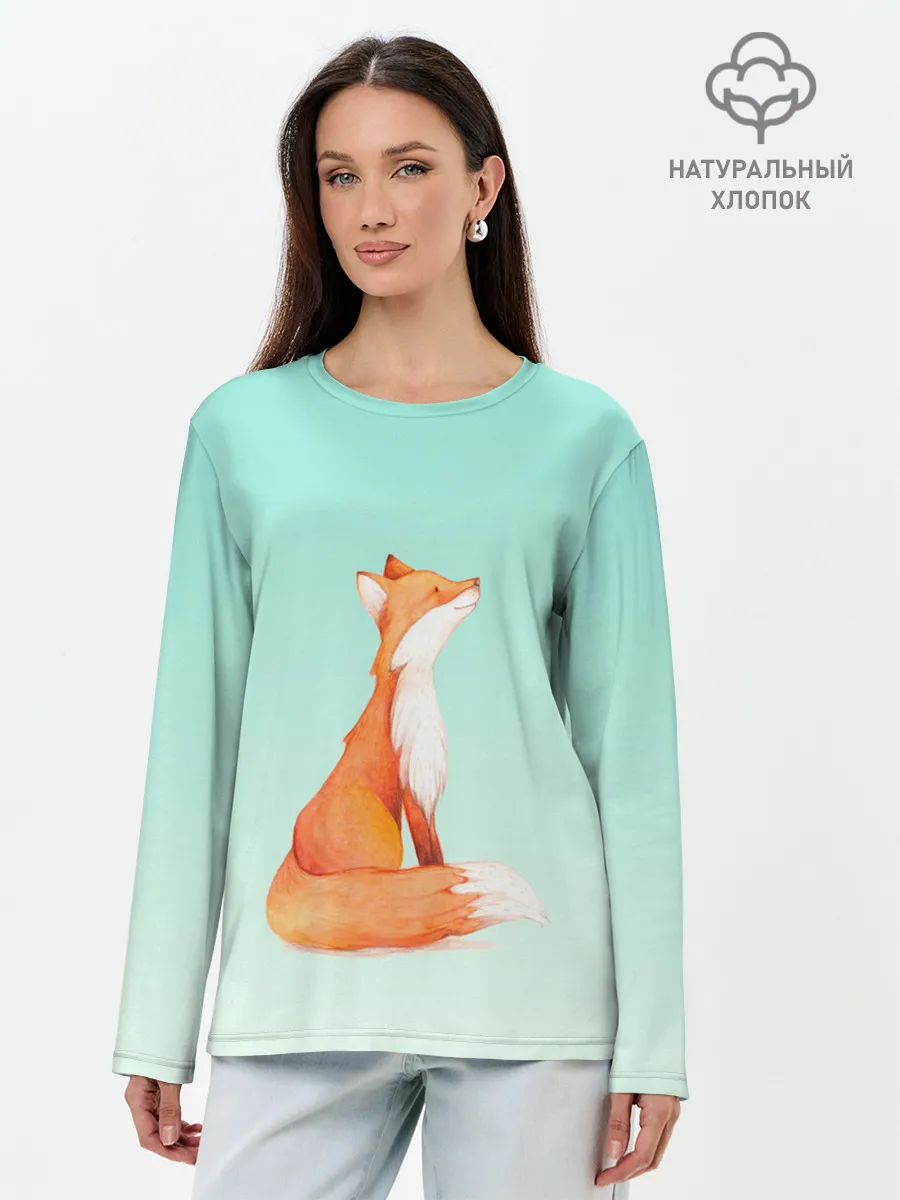Лонгслив женский. Хлопок / нарисованный лисенок