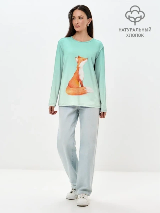 Лонгслив женский. Хлопок / нарисованный лисенок